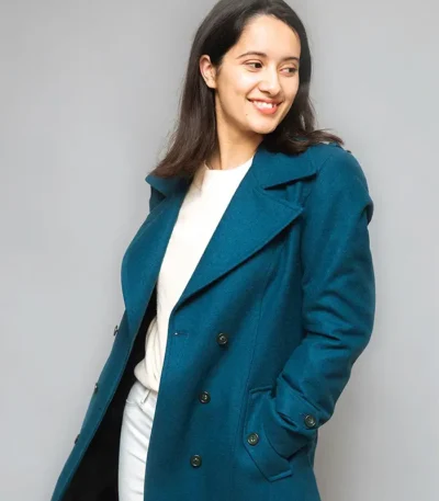 Womens Blue Double-Breasted Long Coat
