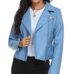 Womens Blue Leather Asymmetrical Collar Biker Jacket