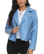 Womens Blue Leather Asymmetrical Collar Biker Jacket