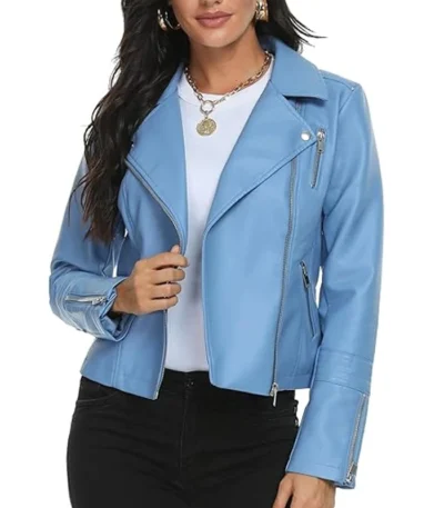 Womens Blue Leather Asymmetrical Collar Biker Jacket