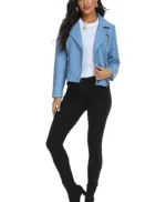 Womens Blue Leather Asymmetrical Collar Biker Jacket
