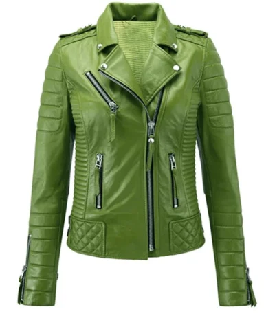 Womens Moto Biker Lambskin Leather Green Jacket