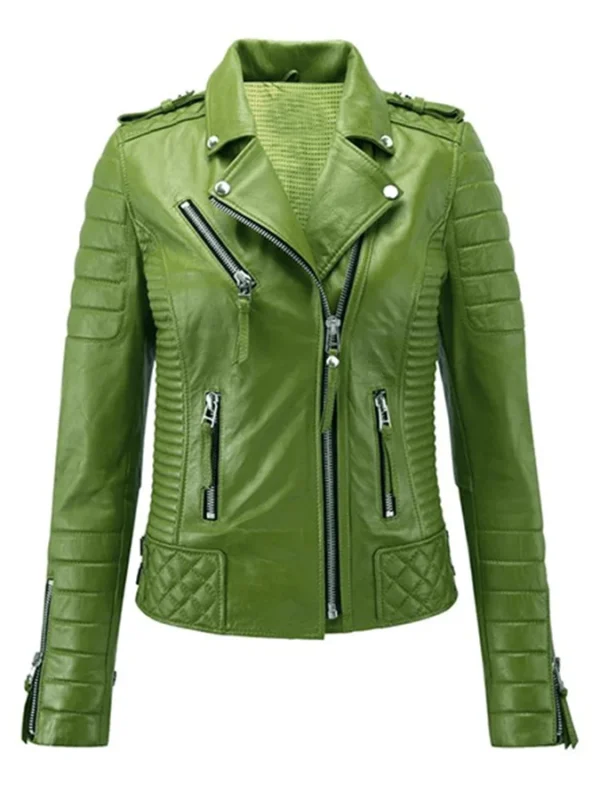 Womens Moto Biker Lambskin Leather Green Jacket