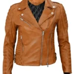 Womens Motorcycle Slim Fit Tan Brown Quilted Leather Jacket