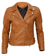 Womens Motorcycle Slim Fit Tan Brown Quilted Leather Jacket