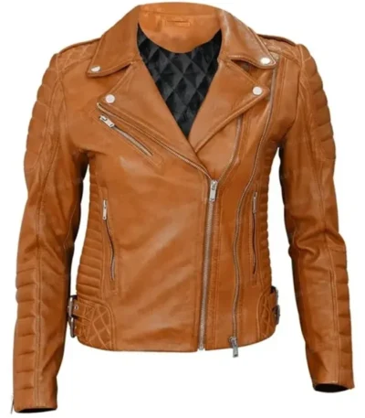Womens Motorcycle Slim Fit Tan Brown Quilted Leather Jacket