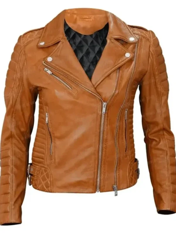 Womens Motorcycle Slim Fit Tan Brown Quilted Leather Jacket
