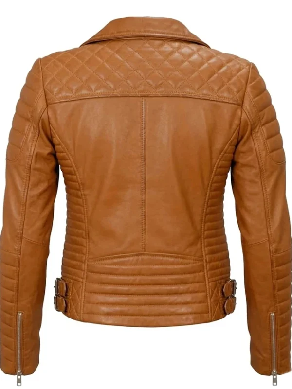 Womens Motorcycle Slim Fit Tan Brown Quilted Leather Jacket