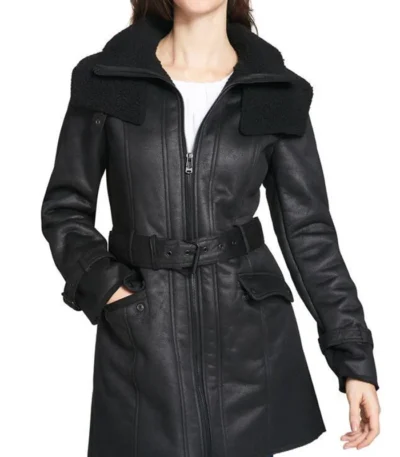 Women’s Shearling Mid Length Duster Leather Coat