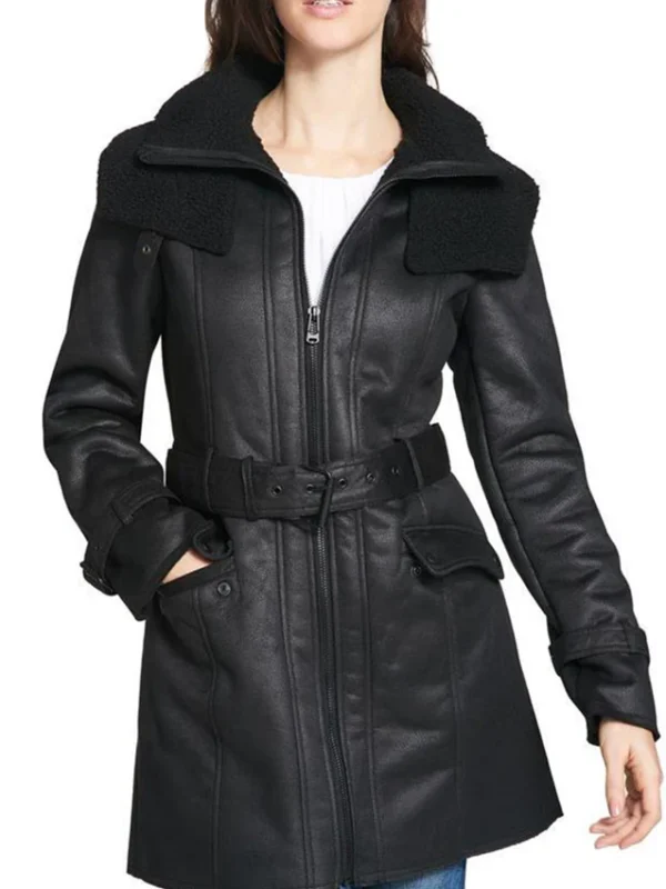 Women’s Shearling Mid Length Duster Leather Coat