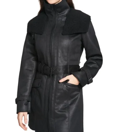 Women’s Shearling Mid Length Duster Leather Coat