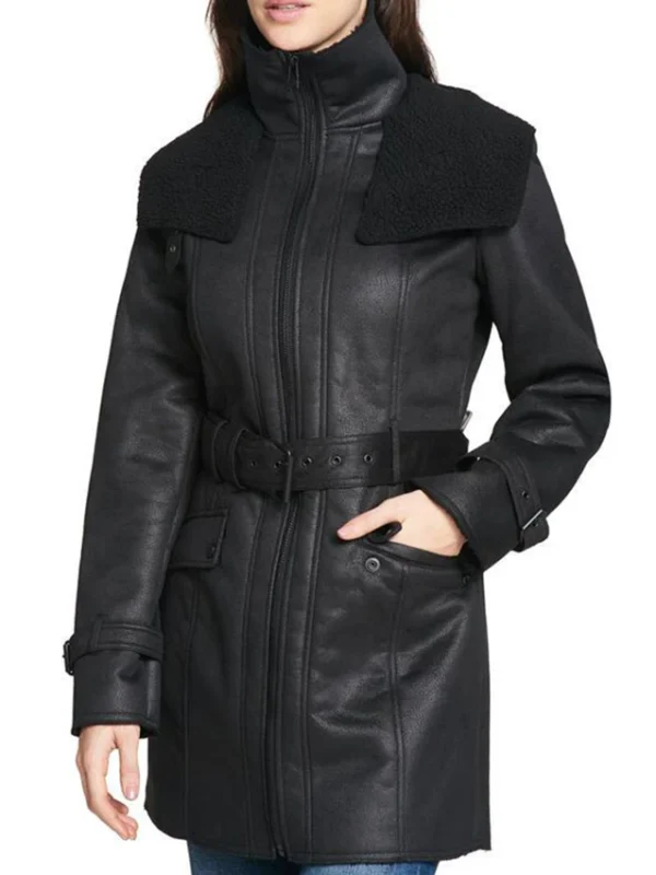 Women’s Shearling Mid Length Duster Leather Coat