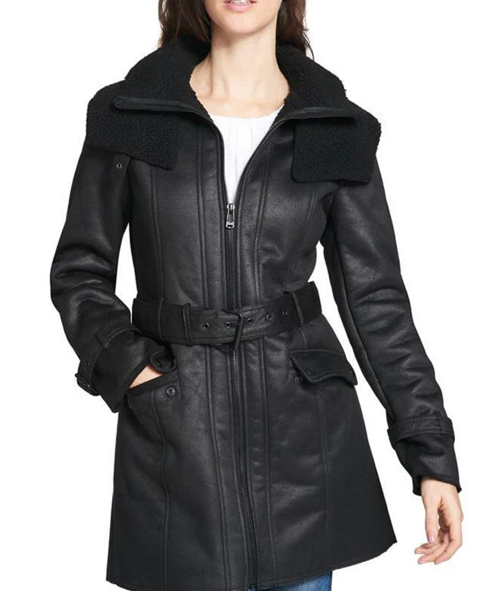 Women’s Shearling Mid Length Duster Leather Coat Women’s Shearling Mid Length Duster Leather Coat