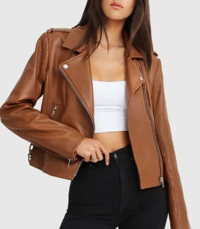 Womens Stylish Racer Leather Jacket Brown