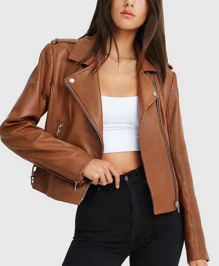 Womens Stylish Racer Leather Jacket Brown Womens Stylish Racer Leather Jacket Brown
