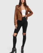 Womens Stylish Racer Leather Jacket Brown