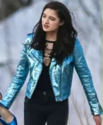 Young Celeste Vox Lux Raffey Cassidy Blue Leather Jacket