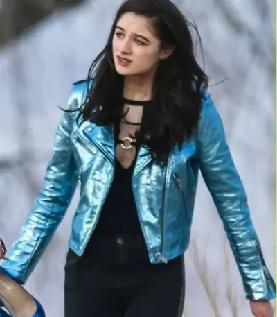 Young Celeste Vox Lux Raffey Cassidy Blue Leather Jacket