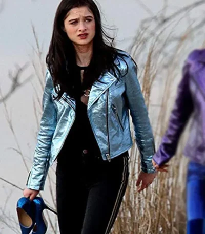 Young Celeste Vox Lux Raffey Cassidy Blue Leather Jacket