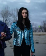 Young Celeste Vox Lux Raffey Cassidy Blue Leather Jacket