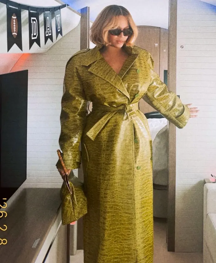 2026 Beyonce Green Leather Trench Coat 2026 Beyonce Green Leather Trench Coat