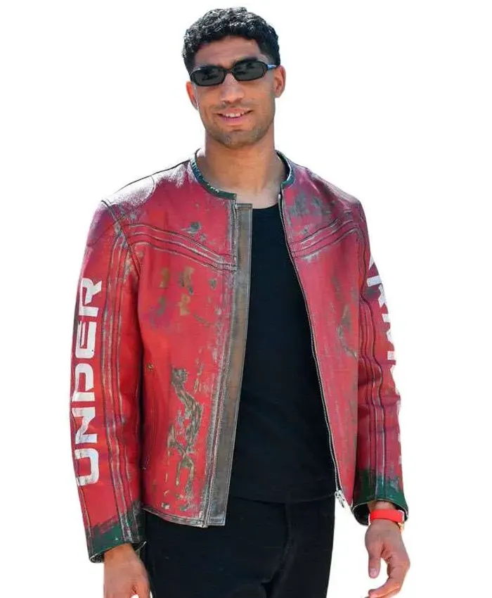 Achraf Hakimi Red Distressed Leather Jacket Achraf Hakimi Red Distressed Leather Jacket