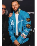 All Star Game Stephen Curry Blue Leather Jacket