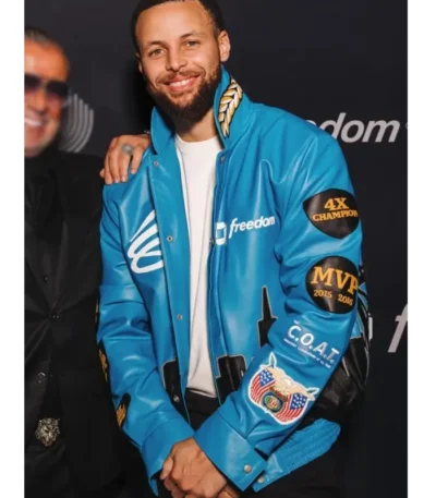 All Star Game Stephen Curry Blue Leather Jacket
