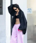 Amelia Hamlin Street Style Black Leather Bomber Jacket