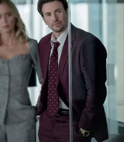 Chris Evans Pain Hustlers Maroon Suit