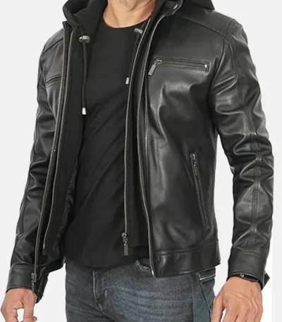 Hornard John Black Leather Jacket with Hood