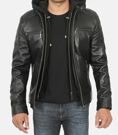 Hornard John Black Leather Jacket with Hood
