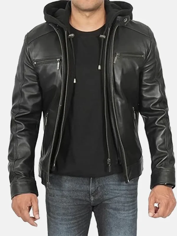 Hornard John Black Leather Jacket with Hood