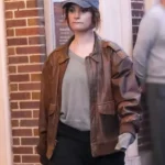 Lily James Relay Brown Leather Jacket