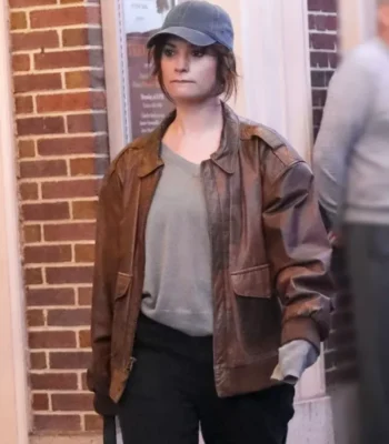 Lily James Relay Brown Leather Jacket