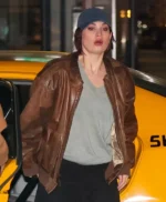 Lily James Relay Brown Leather Jacket
