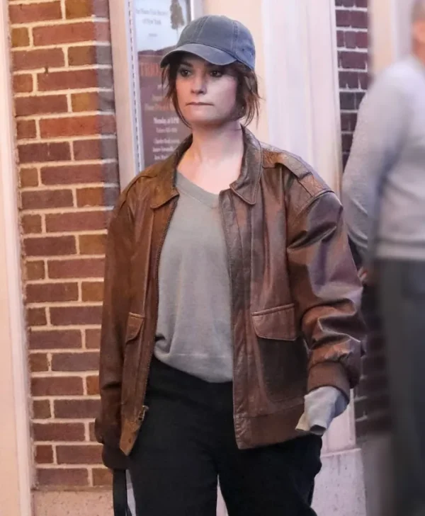 Lily James Relay Brown Leather Jacket Lily James Relay Brown Leather Jacket