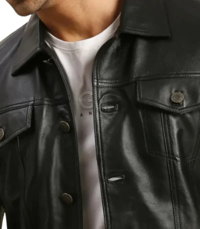 Mens Black Leather Trucker Jacket