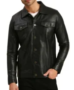Mens Black Leather Trucker Jacket