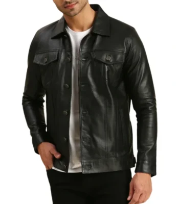 Mens Black Leather Trucker Jacket
