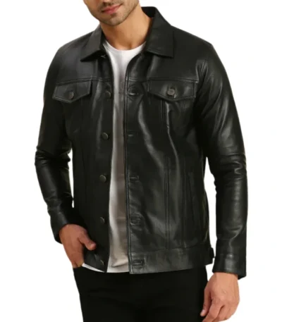 Mens Black Leather Trucker Jacket