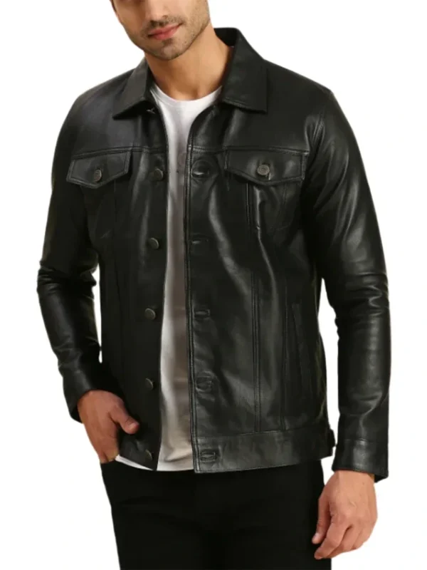 Mens Black Leather Trucker Jacket