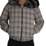 Mens Chinchilla Fur Plaid Bomber Jacket