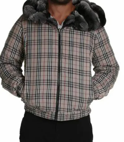 Mens Chinchilla Fur Plaid Bomber Jacket