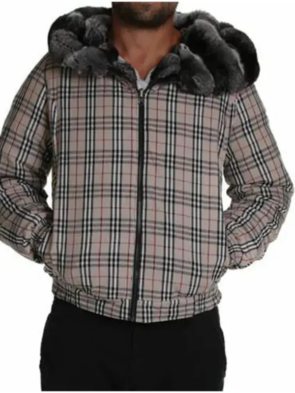 Mens Chinchilla Fur Plaid Bomber Jacket