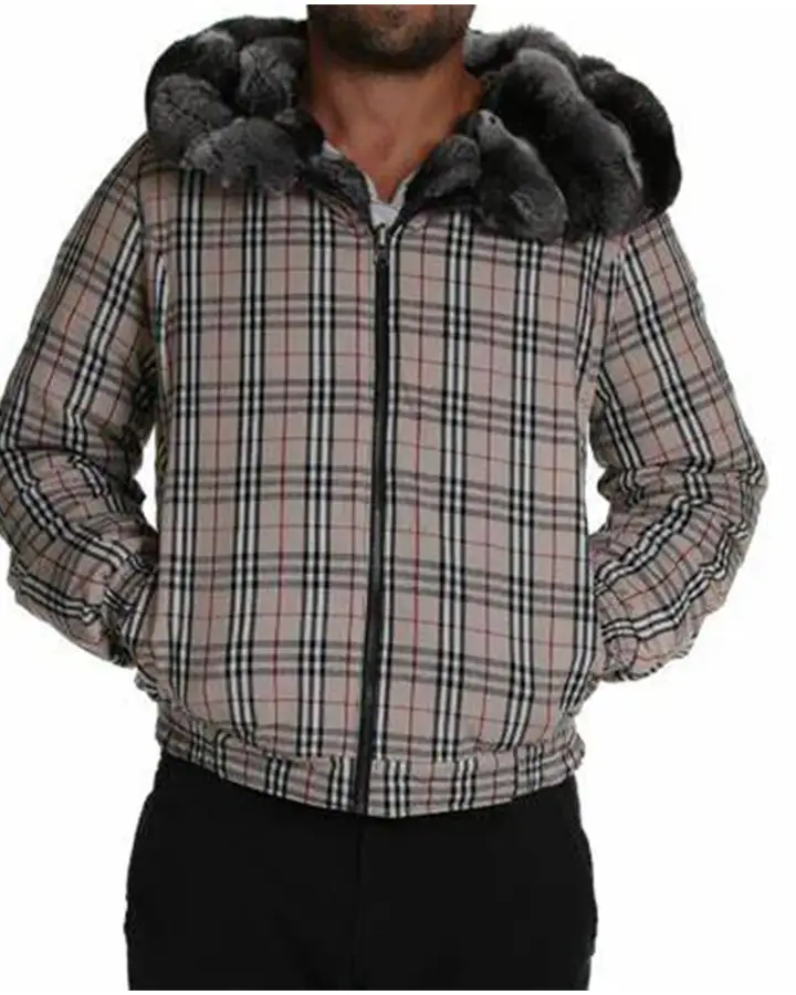 Mens Chinchilla Fur Plaid Bomber Jacket Mens Chinchilla Fur Plaid Bomber Jacket