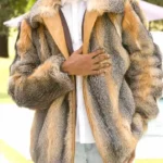 Mens Cross Fox Fur Beige Grey Shaded Bomber Jacket