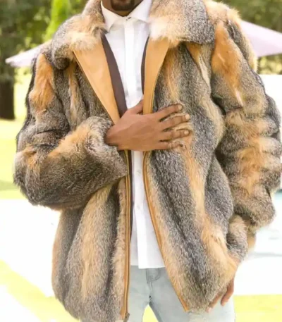 Mens Cross Fox Fur Beige Grey Shaded Bomber Jacket