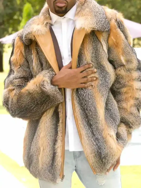 Mens Cross Fox Fur Beige Grey Shaded Bomber Jacket