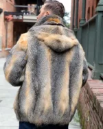 Mens Cross Fox Fur Beige Grey Shaded Bomber Jacket